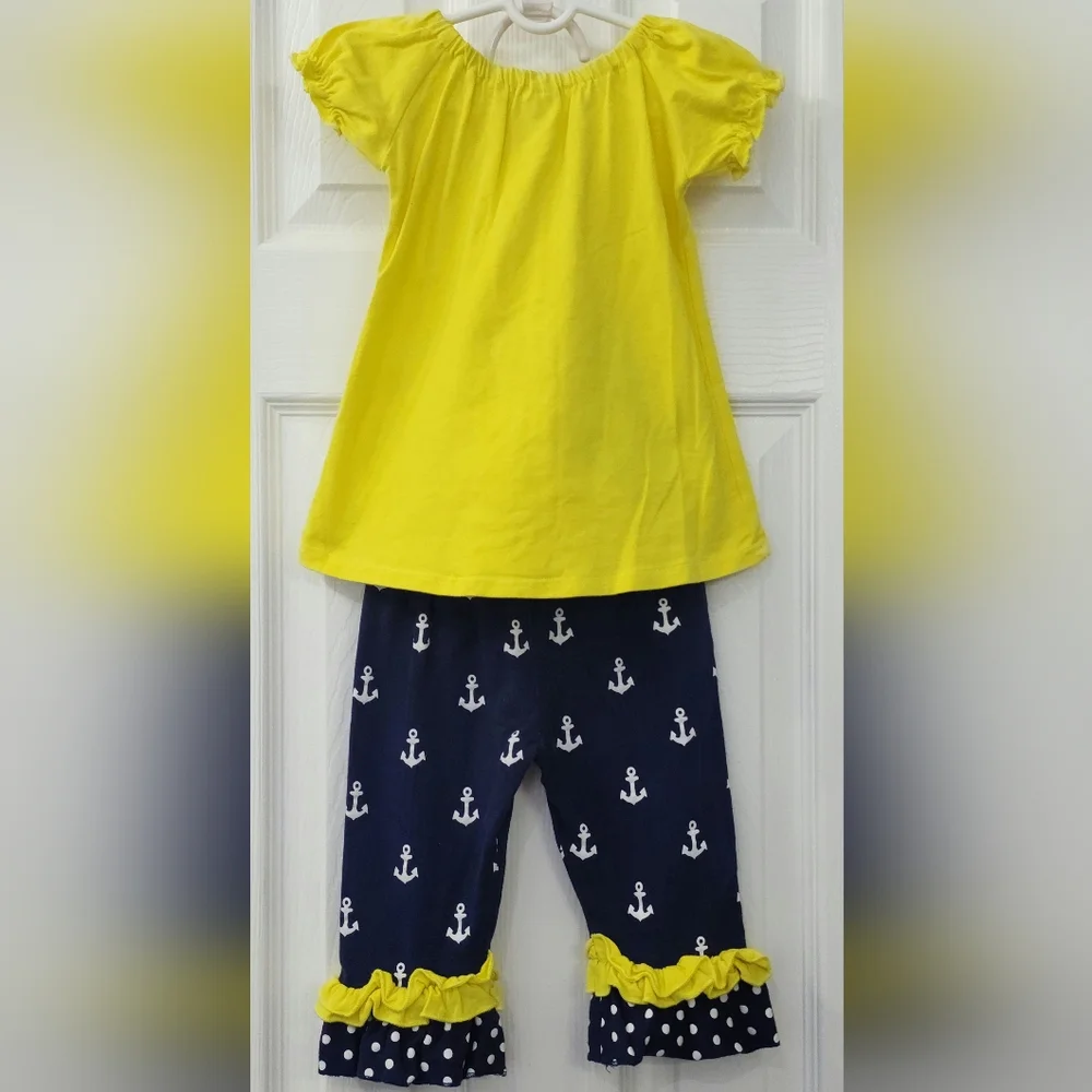 Yellow and Navy Anchor Kids Outfit Size: 3T